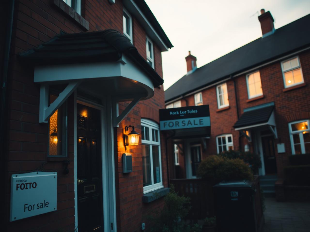 UK terrace property with a 'For Sale' sign at dusk