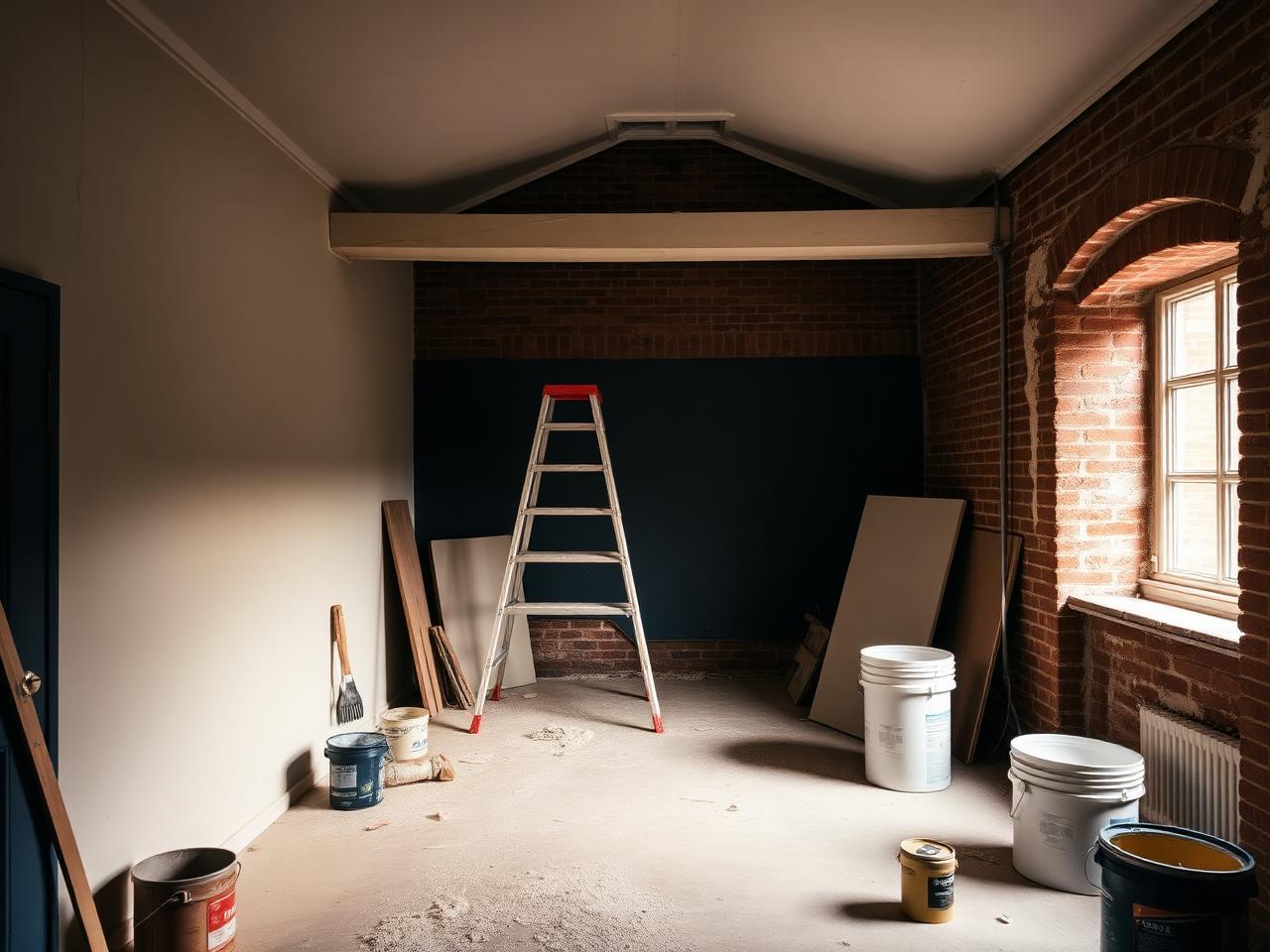 UK property mid-refurbishment with ladder and paint materials